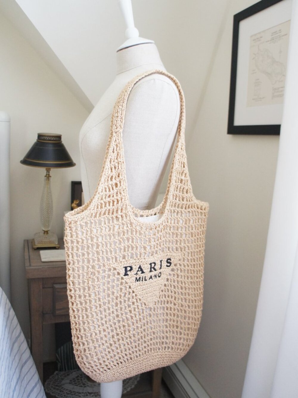 Embroidered Paris Milano Woven Straw Shoulder Bag With Liner
